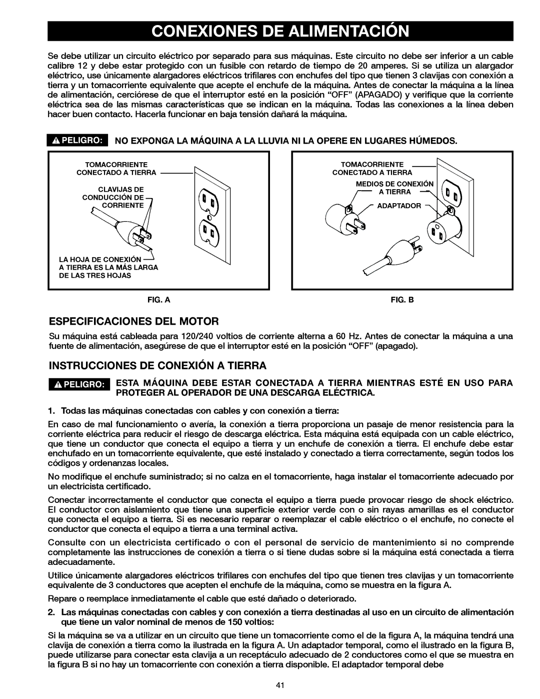 Delta 20-400 instruction manual Conexiones DE Alimentación, Especificaciones DEL Motor, Instrucciones DE Conexión a Tierra 