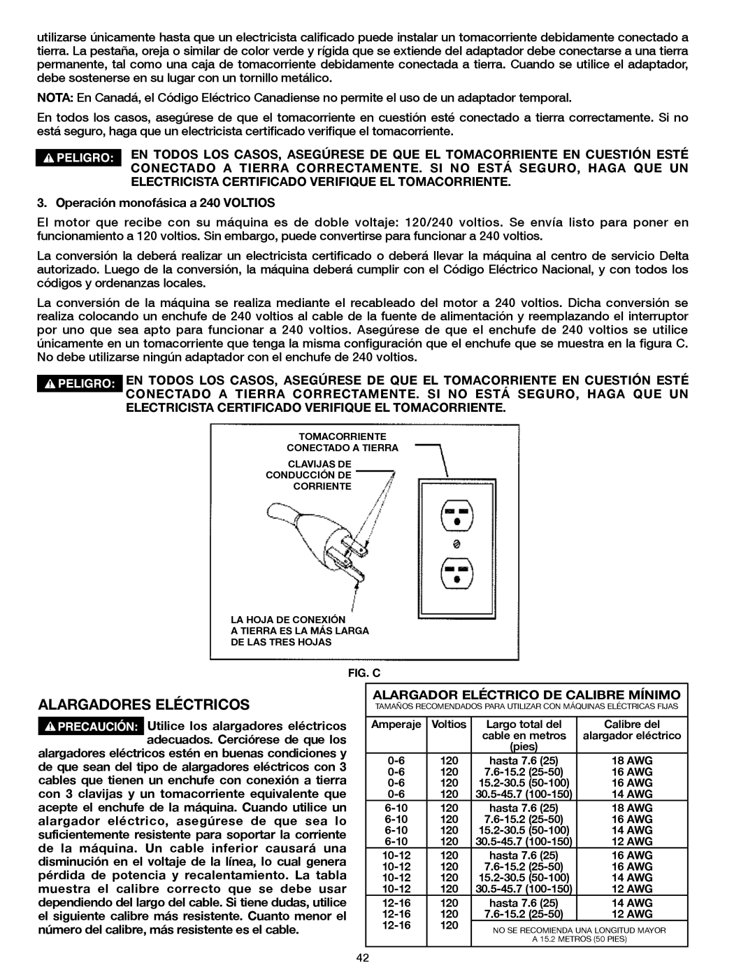 Delta 20-400 instruction manual Alargadores Eléctricos, Alargador Eléctrico DE Calibre Mínimo 