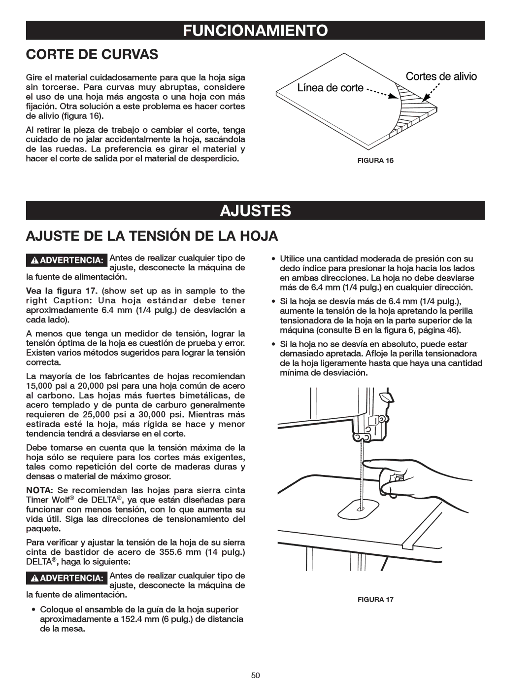 Delta 20-400 instruction manual Ajustes, Corte DE Curvas, Ajuste DE LA Tensión DE LA Hoja 