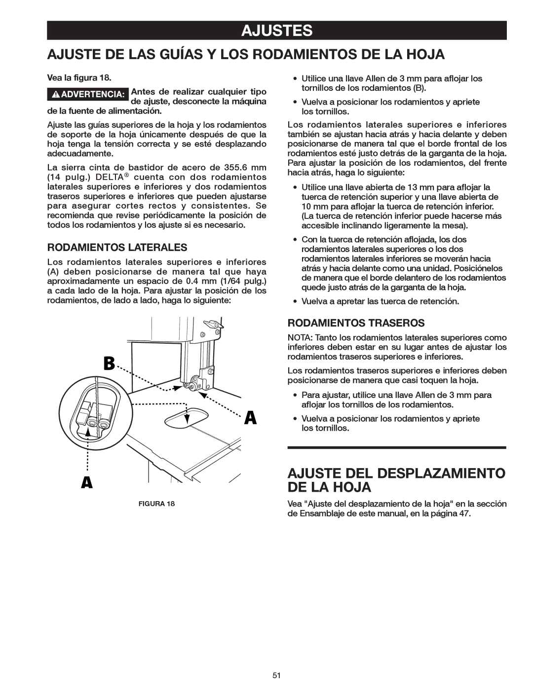 Delta 20-400 instruction manual Ajuste DE LAS Guías Y LOS Rodamientos DE LA Hoja, De la fuente de alimentación 