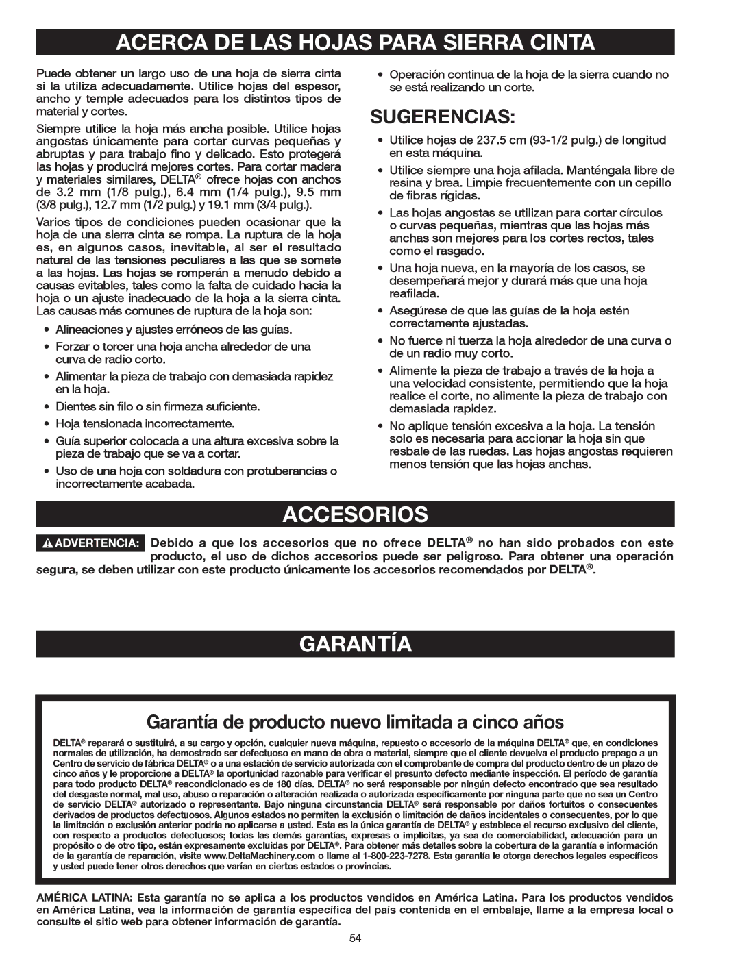 Delta 20-400 instruction manual Acerca DE LAS Hojas Para Sierra Cinta, Accesorios, Garantía, Sugerencias 