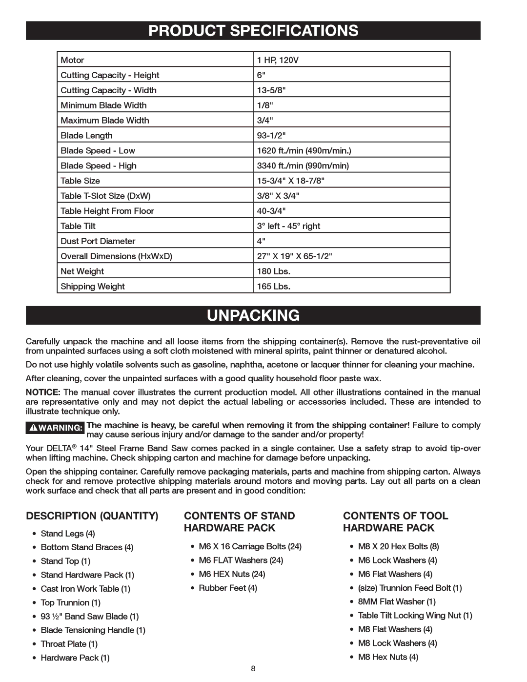 Delta 20-400 instruction manual Product Specifications, Unpacking 