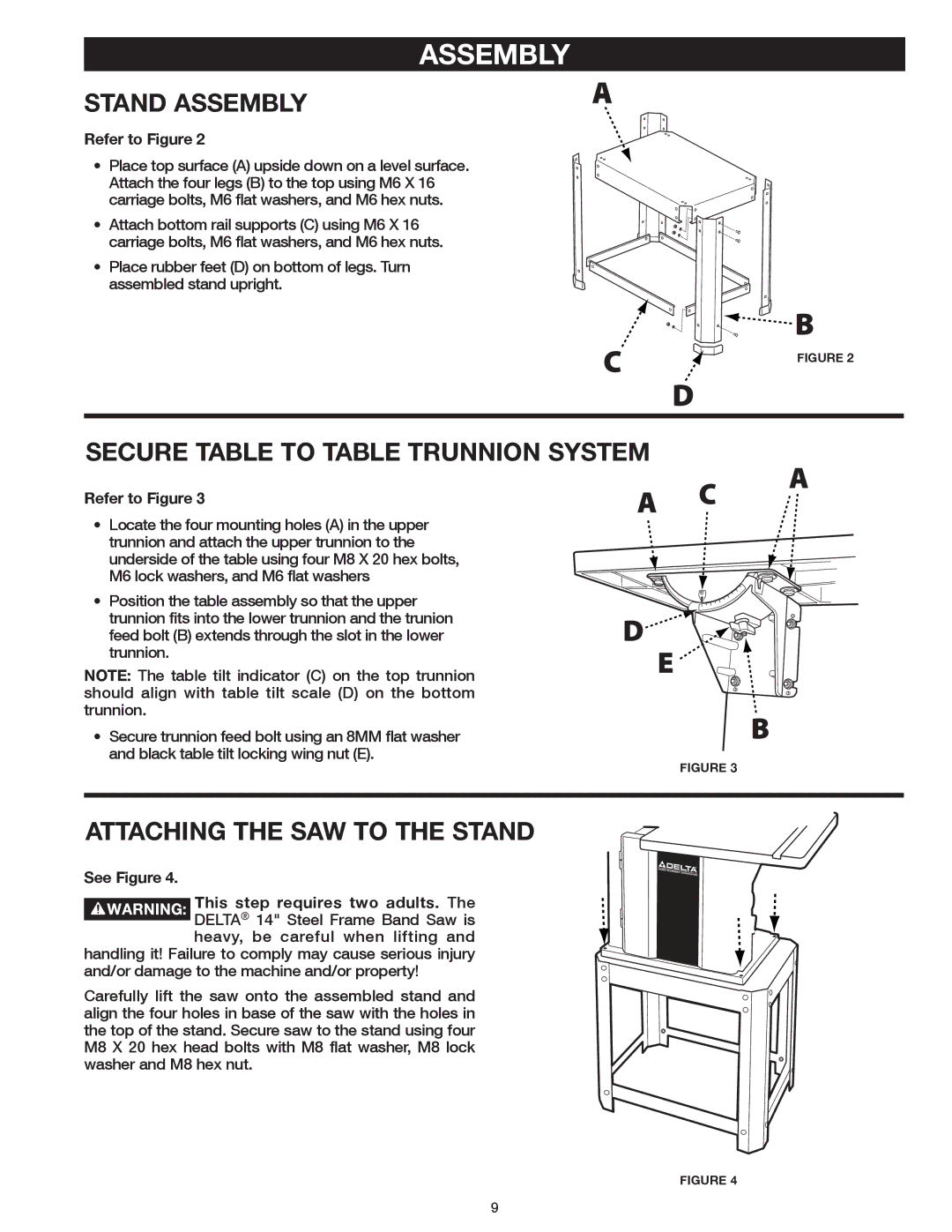 Delta 20-400 Stand Assembly, Secure Table to Table Trunnion System, Attaching the SAW to the Stand, Refer to Figure 