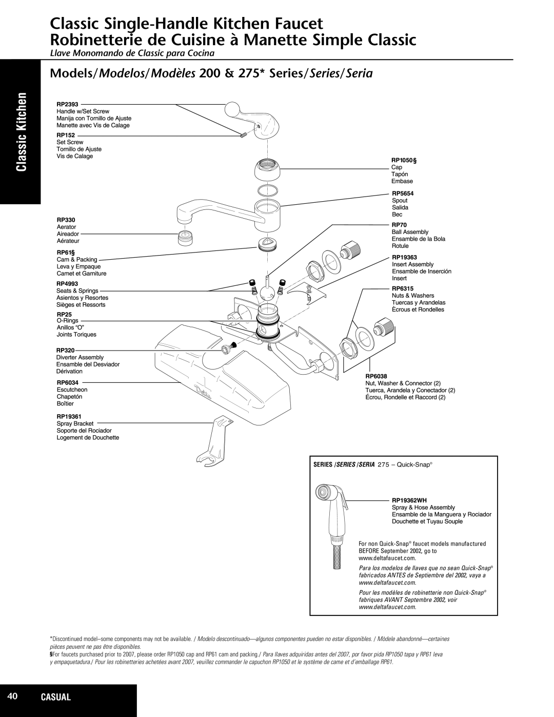 Delta 200 Series manual Models/Modelos/Modèles 200 & 275* Series/Series/Seria, Classic Kitchen 