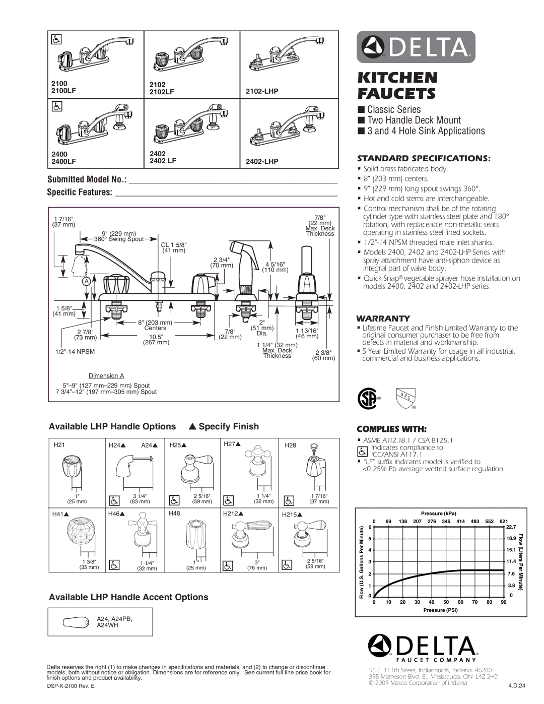 Delta 2102LF, 2102-LHP, 2100LF, 2402LF, 2400LF warranty Kitchen Faucets, Standard Specifications, Warranty, Complies with 