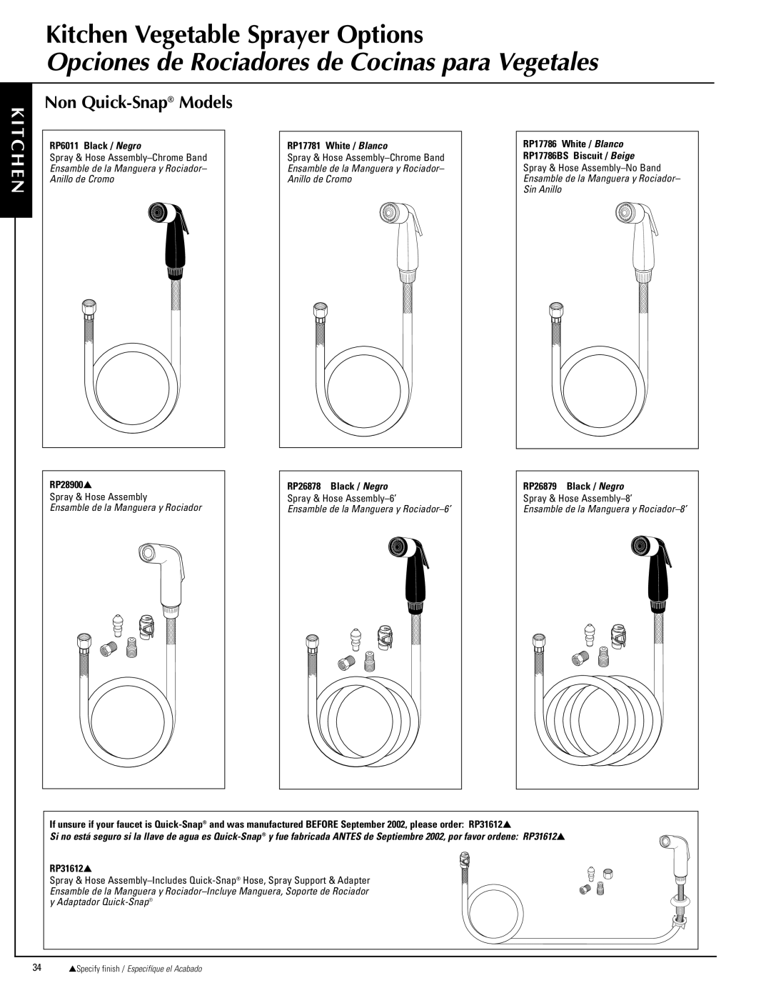 Delta 2402 Series, 2102 Series manual Opciones de Rociadores de Cocinas para Vegetales, T C H E N, Non Quick-SnapModels 