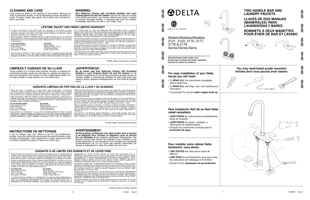 Delta 2178, 2121, 2179, 2123 warranty Cleaning and Care, 28100, Limpieza Y Cuidado DE SU Llave ¡ADVERTENCIA 