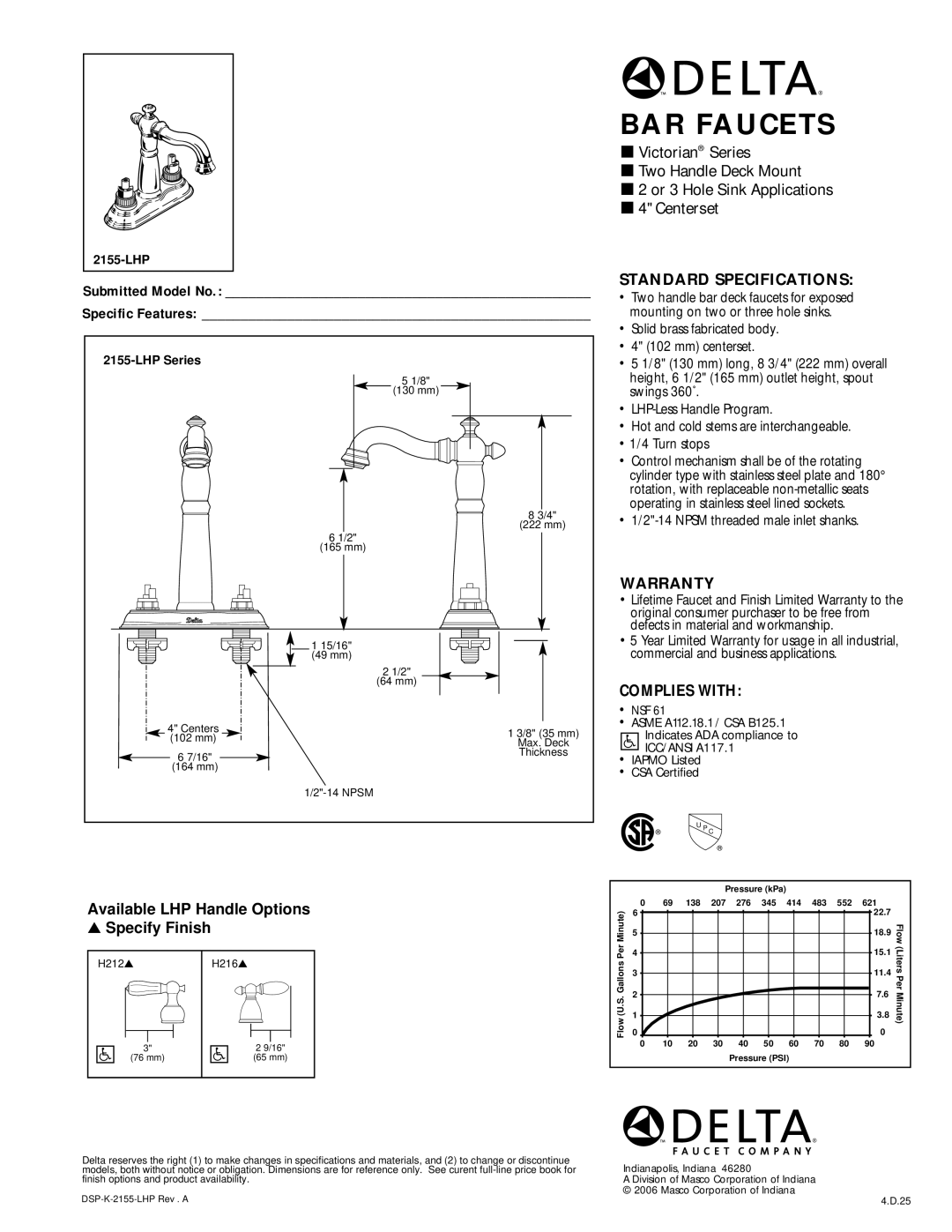 Delta 2155-LHP specifications BAR Faucets, Available LHP Handle Options Specify Finish, Standard Specifications, Warranty 