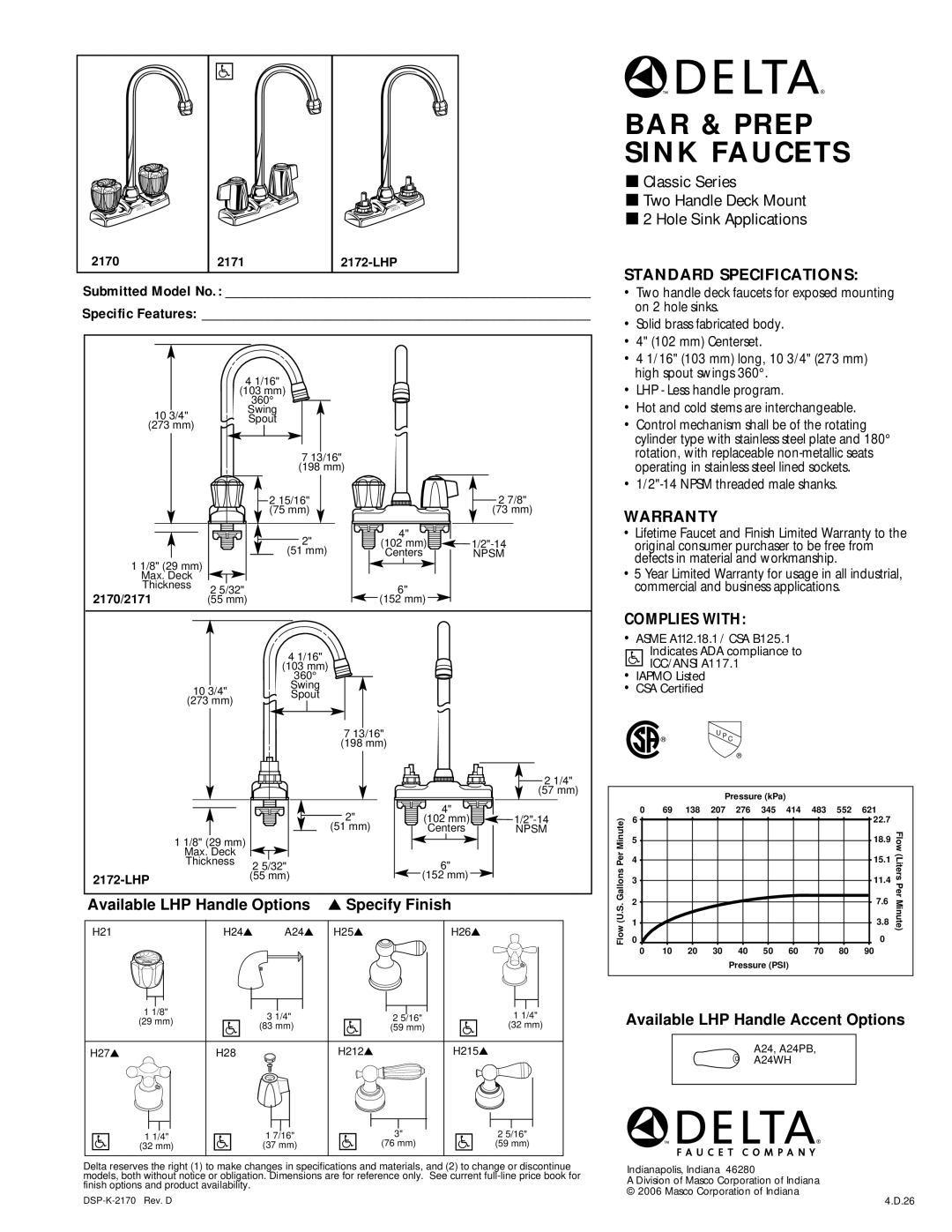 Delta 2172-LHP warranty Available LHP Handle Options Specify Finish, Standard Specifications, Warranty, Complies with 