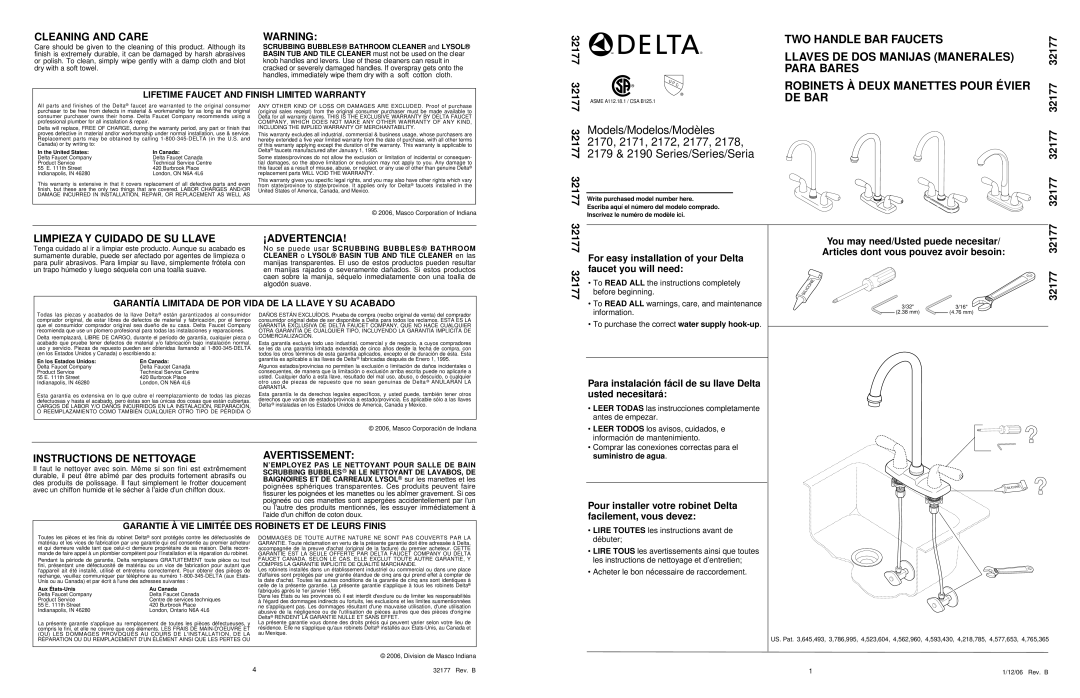 Delta 2177 Series warranty Cleaning and Care, 32177, Limpieza Y Cuidado DE SU Llave ¡ADVERTENCIA, Avertissement 