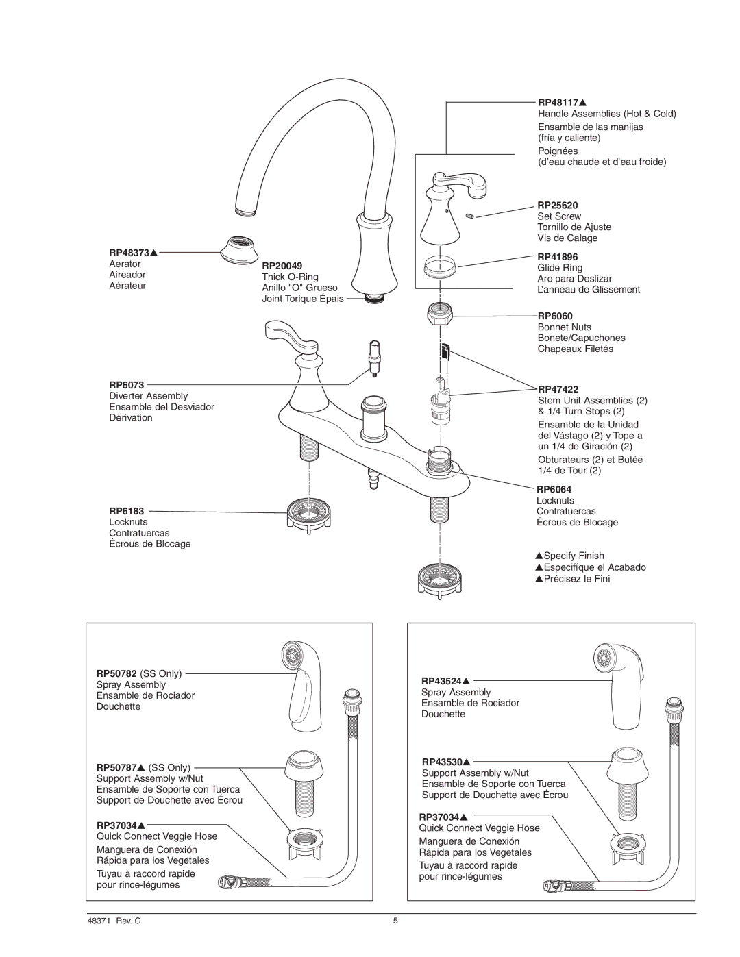 Delta 21925 Series manual RP48373, RP20049, RP6073 Diverter Assembly, RP6183 Locknuts, RP37034s, RP48117s, RP25620, RP41896 