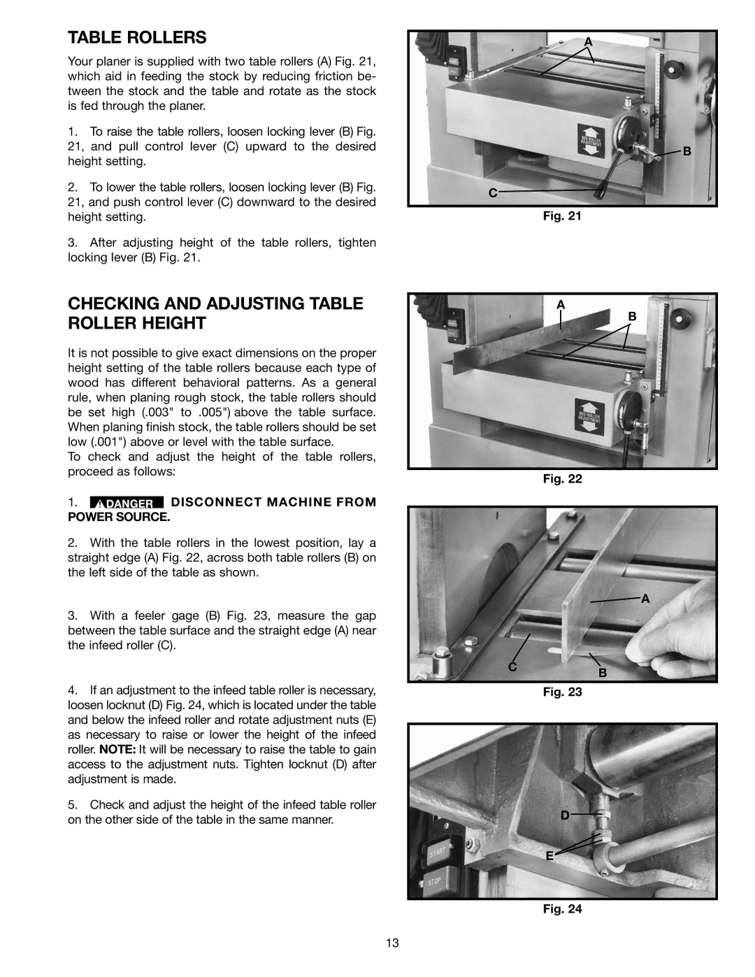 Delta 22-450, 22-451 instruction manual Table Rollers, Checking and Adjusting Table Roller Height 