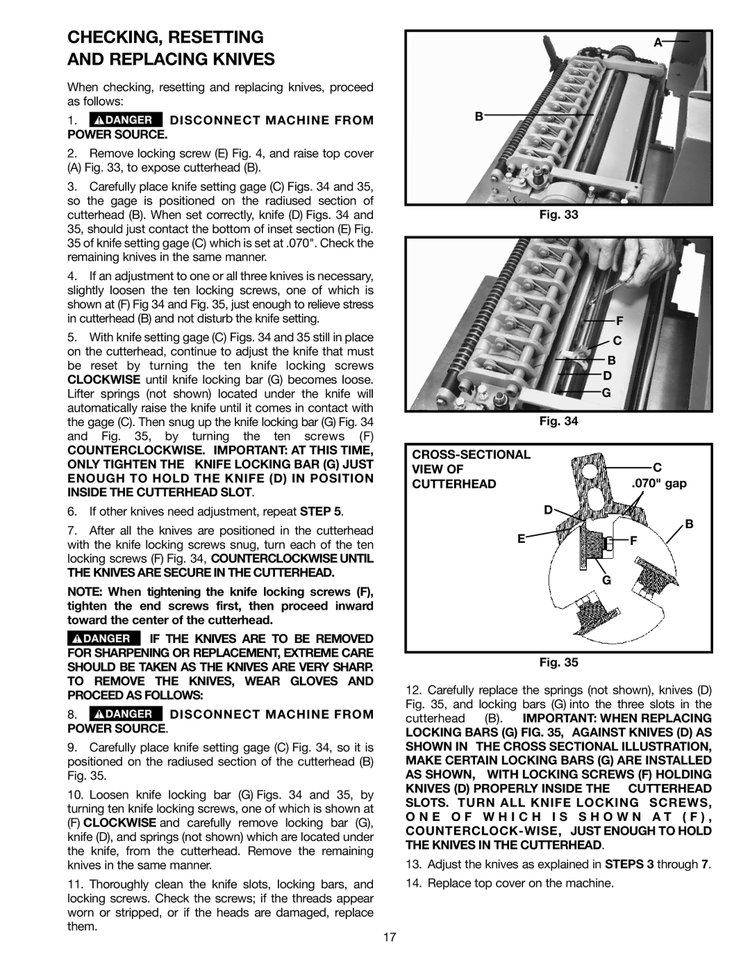 Delta 22-450, 22-451 instruction manual CHECKING, Resetting Replacing Knives 