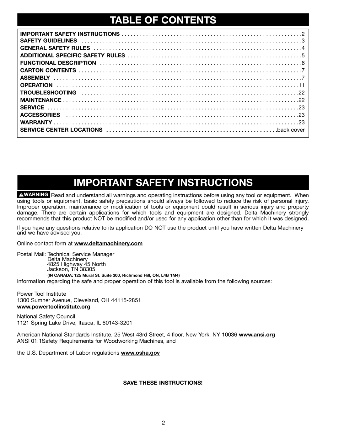 Delta 22-451, 22-450 instruction manual Table of Contents, Important Safety Instructions 