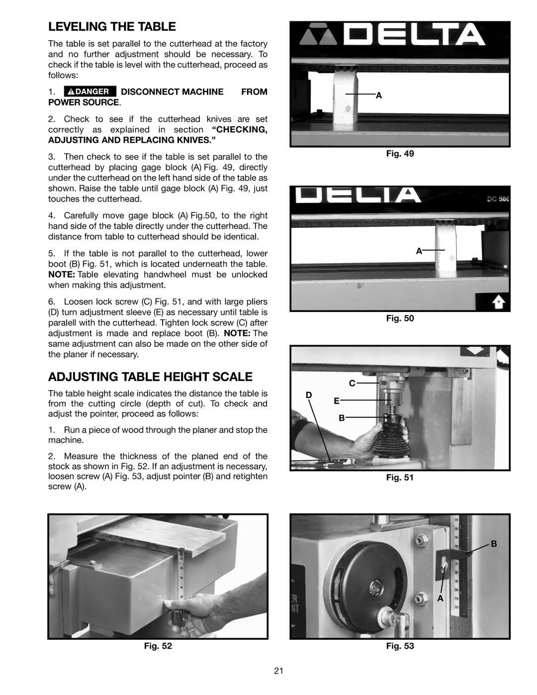 Delta 22-450, 22-451 instruction manual Leveling the Table, Adjusting Table Height Scale, Adjusting and Replacing Knives 