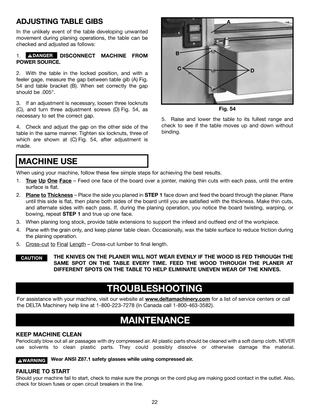 Delta 22-451, 22-450 instruction manual Troubleshooting Maintenance, Adjusting Table Gibs 