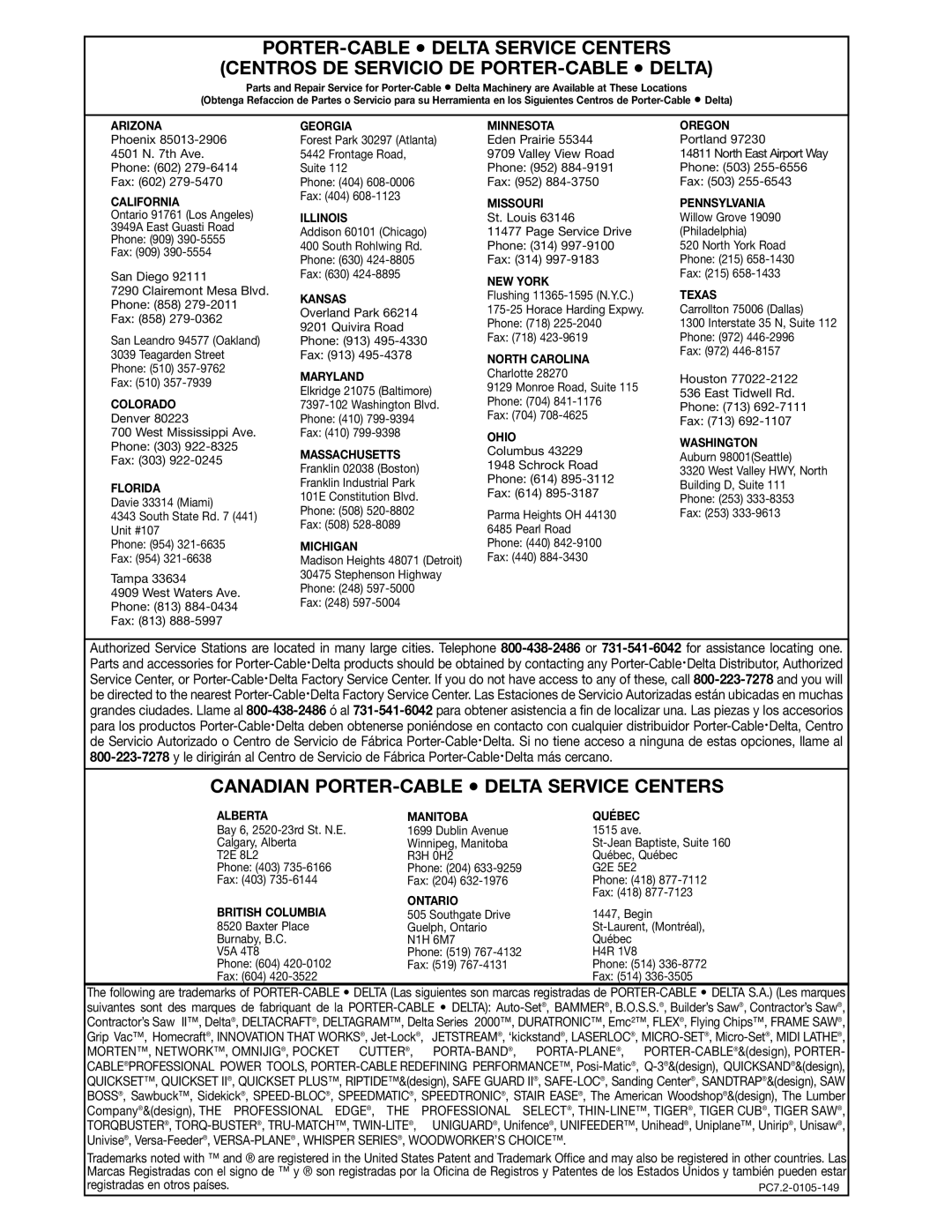 Delta 22-451, 22-450 instruction manual Canadian PORTER-CABLE Delta Service Centers 