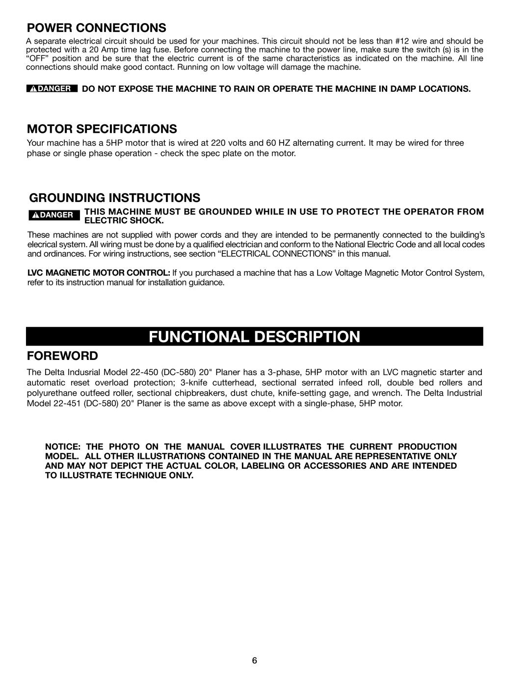 Delta 22-451, 22-450 Functional Description, Power Connections, Motor Specifications, Grounding Instructions, Foreword 