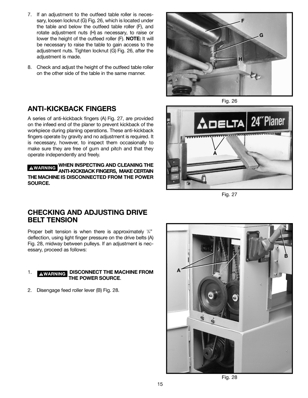 Delta 22-470 instruction manual ANTI-KICKBACK Fingers, Checking and Adjusting Drive Belt Tension 