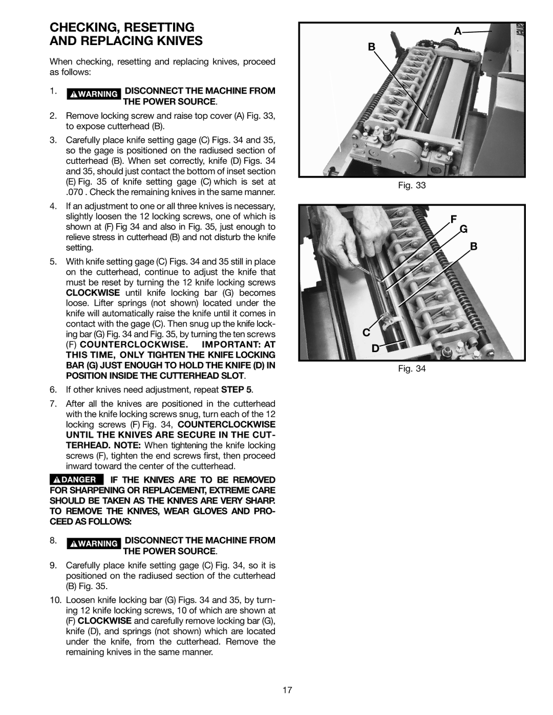 Delta 22-470 instruction manual CHECKING, Resetting Replacing Knives 