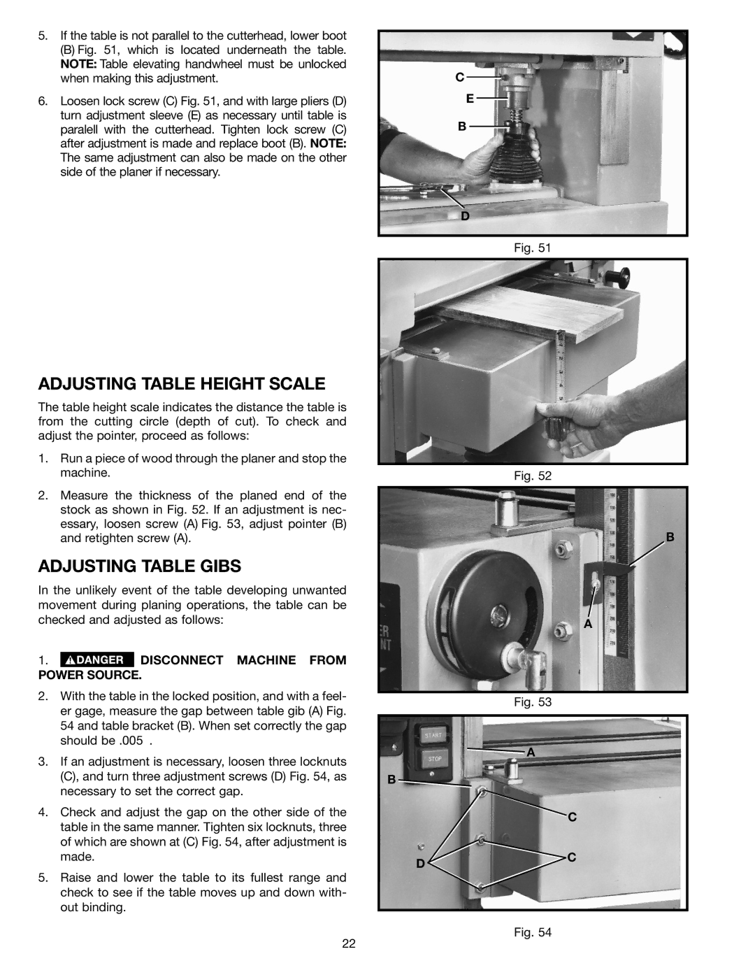 Delta 22-470 instruction manual Adjusting Table Height Scale, Adjusting Table Gibs, Disconnect Machine from Power Source 