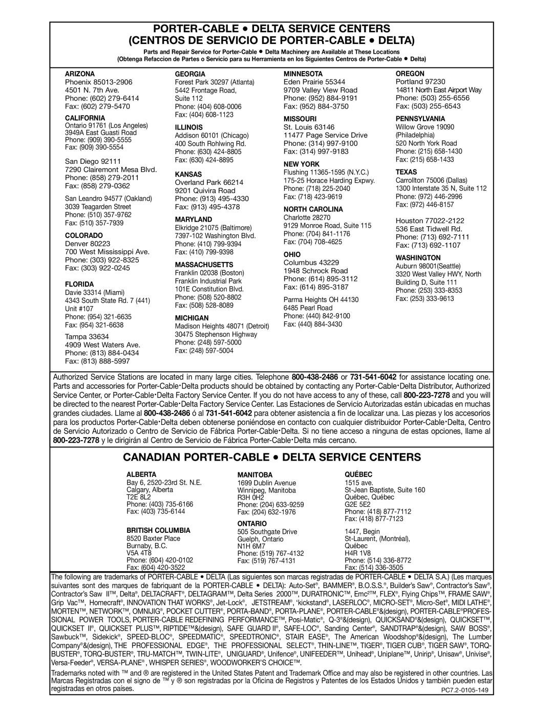 Delta 22-470 instruction manual Canadian PORTER-CABLE Delta Service Centers 