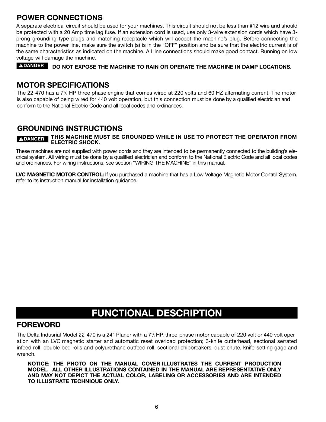 Delta 22-470 Functional Description, Power Connections, Motor Specifications, Grounding Instructions, Foreword 