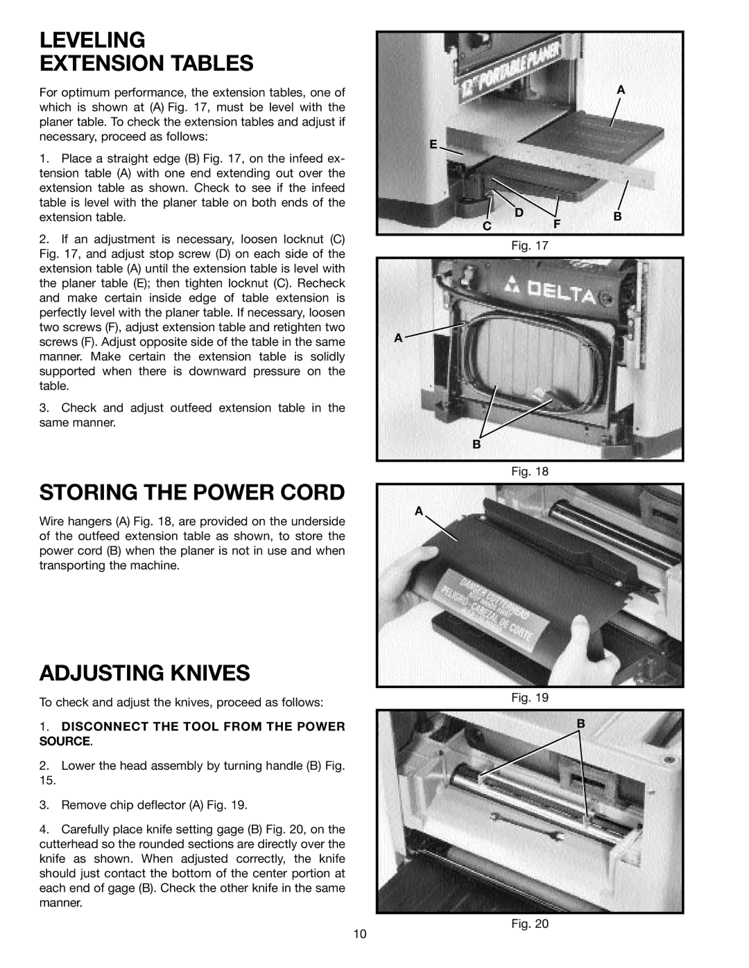 Delta 22-540 instruction manual Leveling Extension Tables, Storing the Power Cord, Adjusting Knives 