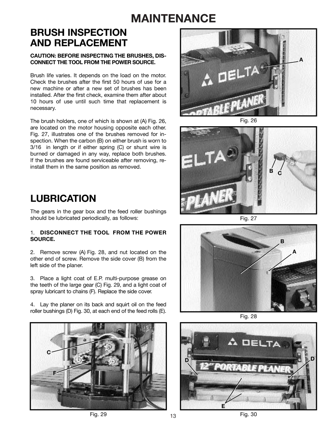 Delta 22-540 instruction manual Maintenance, Brush Inspection Replacement, Lubrication 