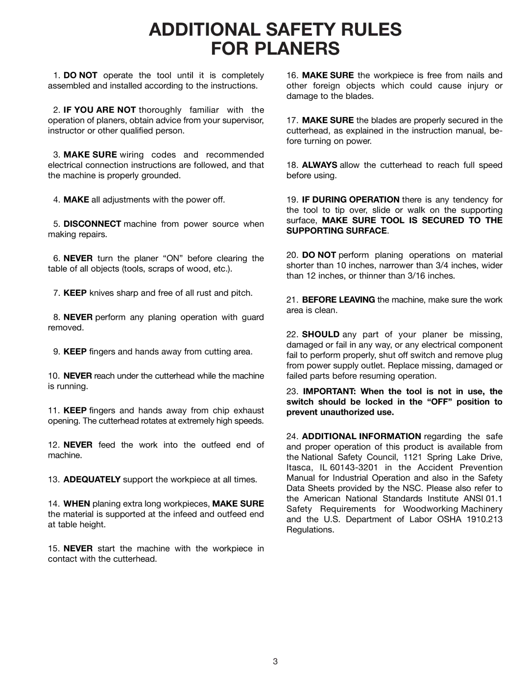 Delta 22-540 instruction manual Additional Safety Rules For Planers 