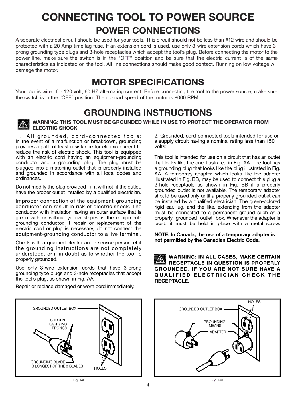 Delta 22-540 instruction manual Connecting Tool to Power Source, Power Connections 