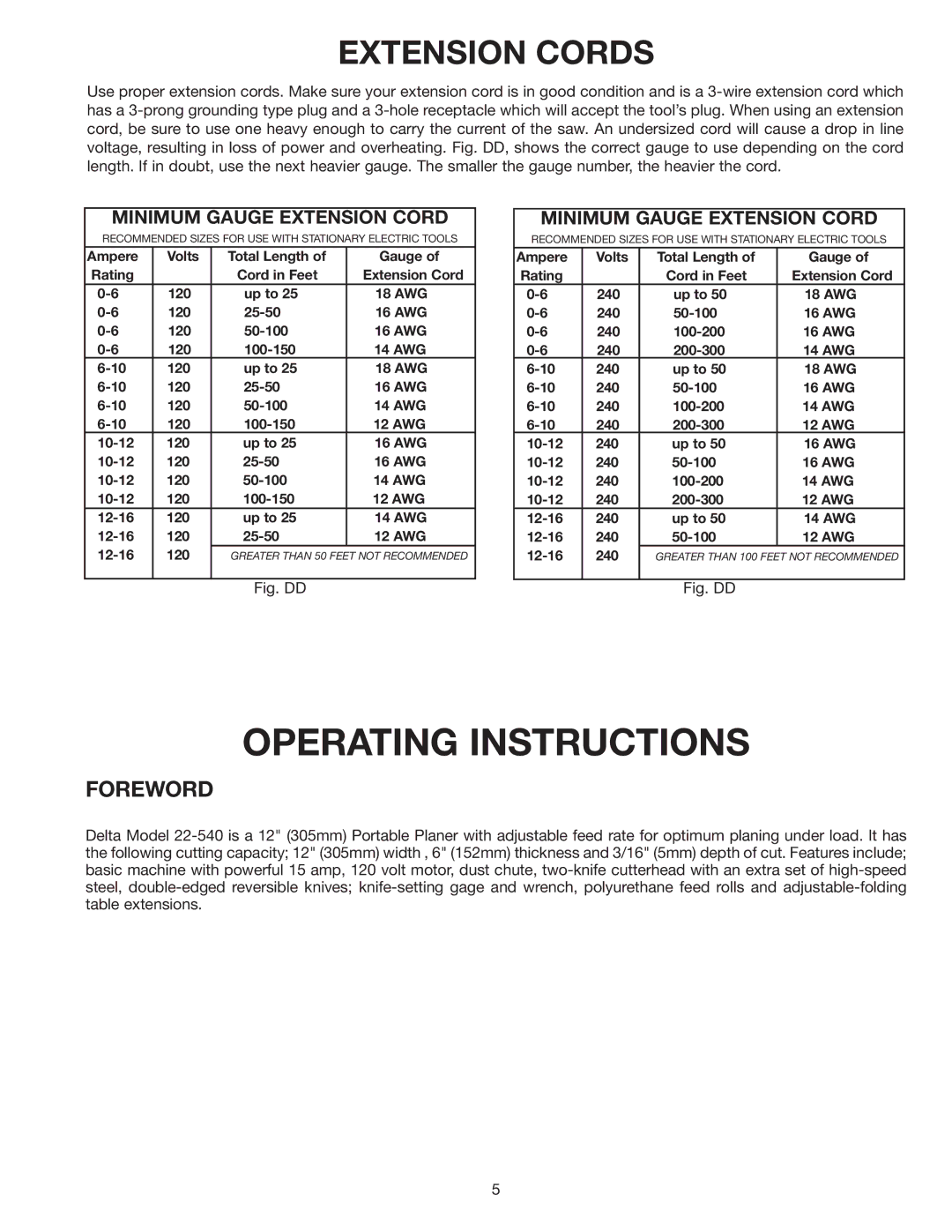 Delta 22-540 instruction manual Extension Cords, Minimum Gauge Extension Cord 