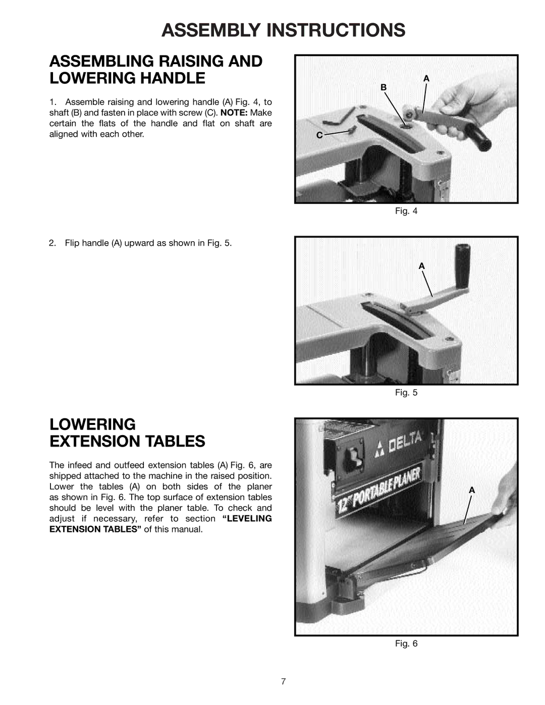 Delta 22-540 instruction manual Assembly Instructions, Assembling Raising and Lowering Handle, Lowering Extension Tables 