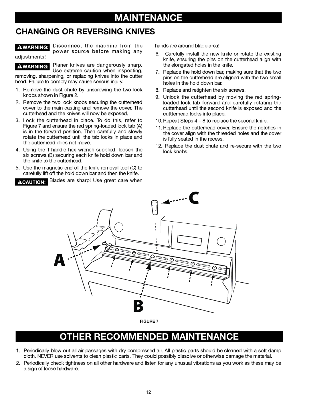 Delta 22-555 instruction manual Other Recommended Maintenance, Changing or Reversing Knives 