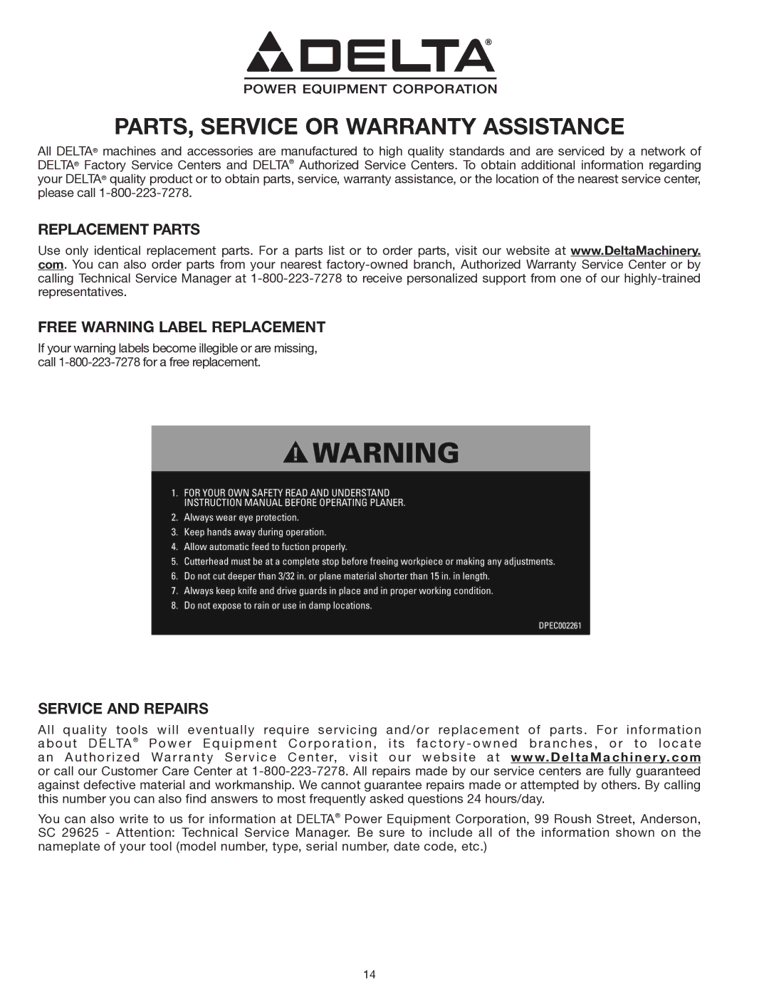 Delta 22-555 instruction manual Replacement Parts Free Warning Label Replacement, Service and Repairs 