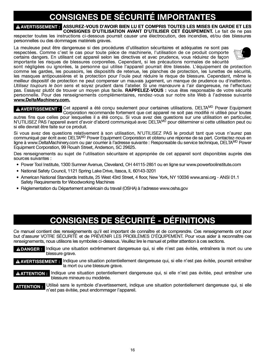 Delta 22-555 instruction manual Consignes DE Sécurité Importantes, Consignes DE Sécurité Définitions 