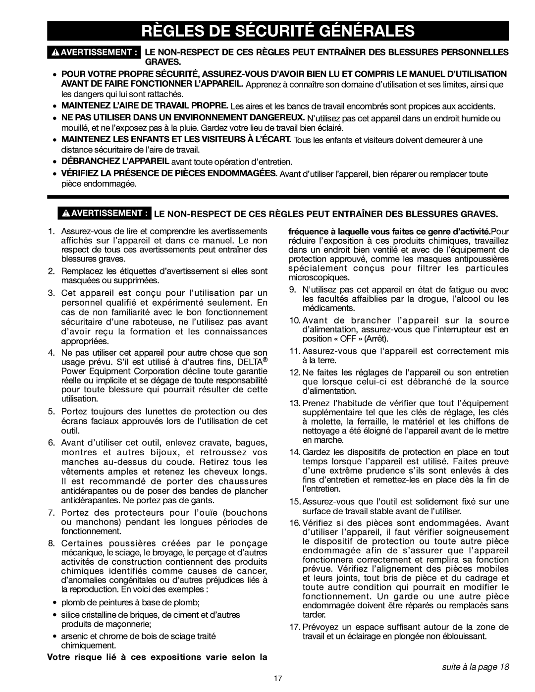 Delta 22-555 instruction manual Règles DE Sécurité Générales, Suite à la 