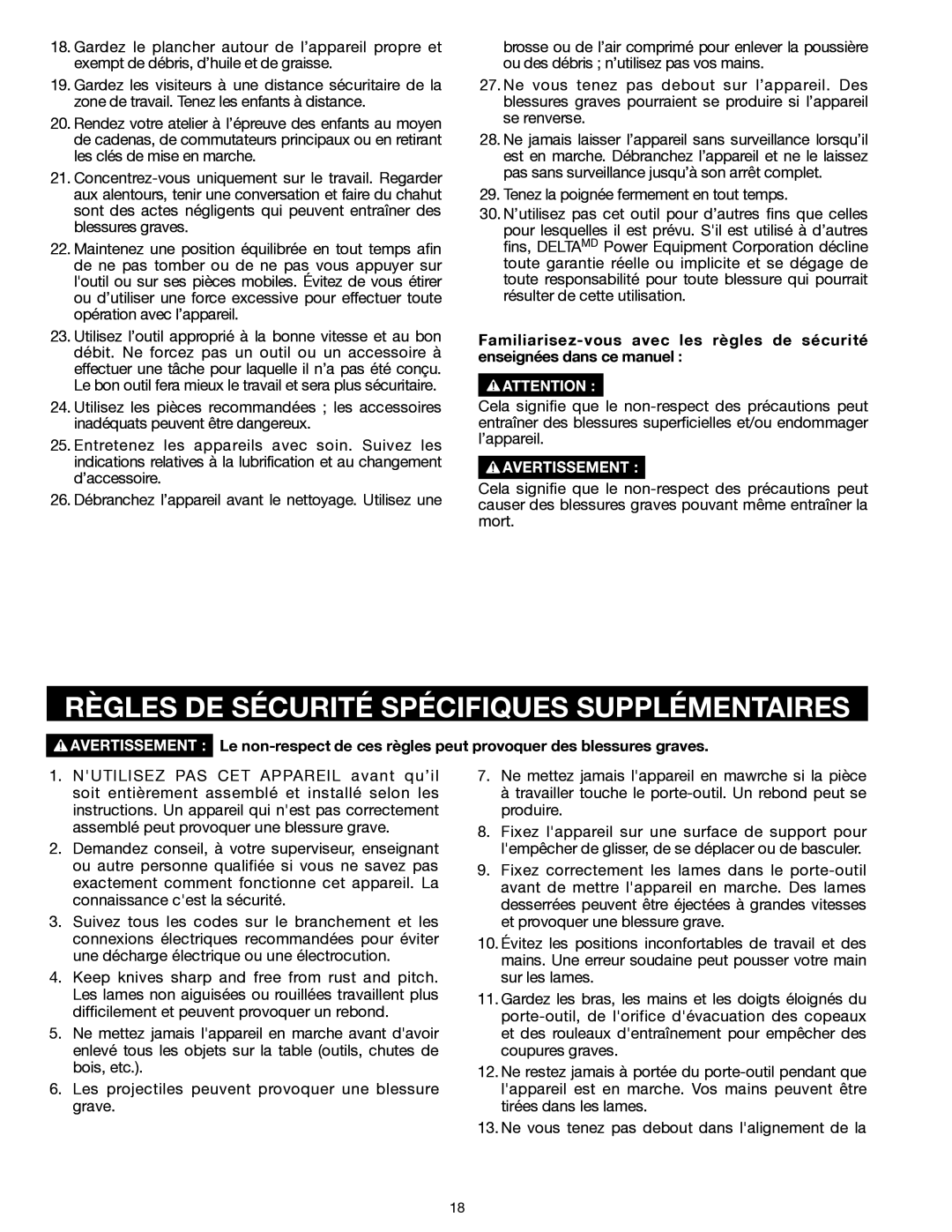 Delta 22-555 instruction manual Règles DE Sécurité Spécifiques Supplémentaires 