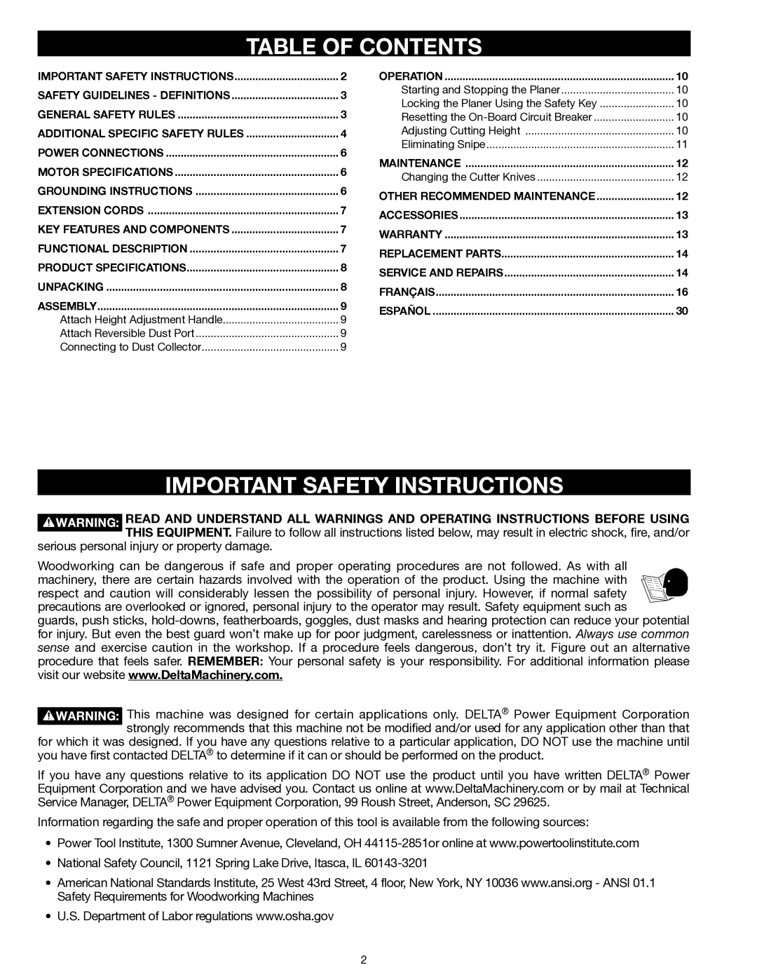 Delta 22-555 instruction manual Table of Contents, Important Safety Instructions 