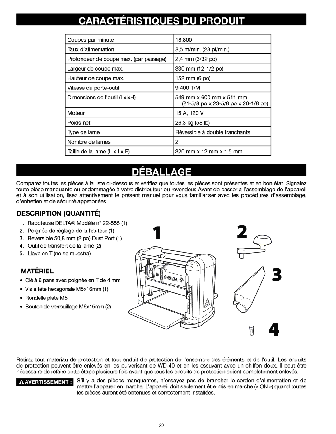 Delta 22-555 instruction manual Caractéristiques DU Produit, Déballage, Description Quantité, Matériel 