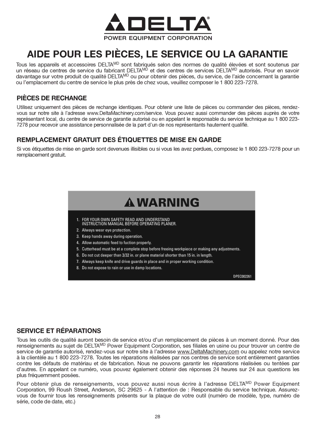 Delta 22-555 instruction manual Aide Pour LES PIÈCES, LE Service OU LA Garantie, Service ET Réparations 