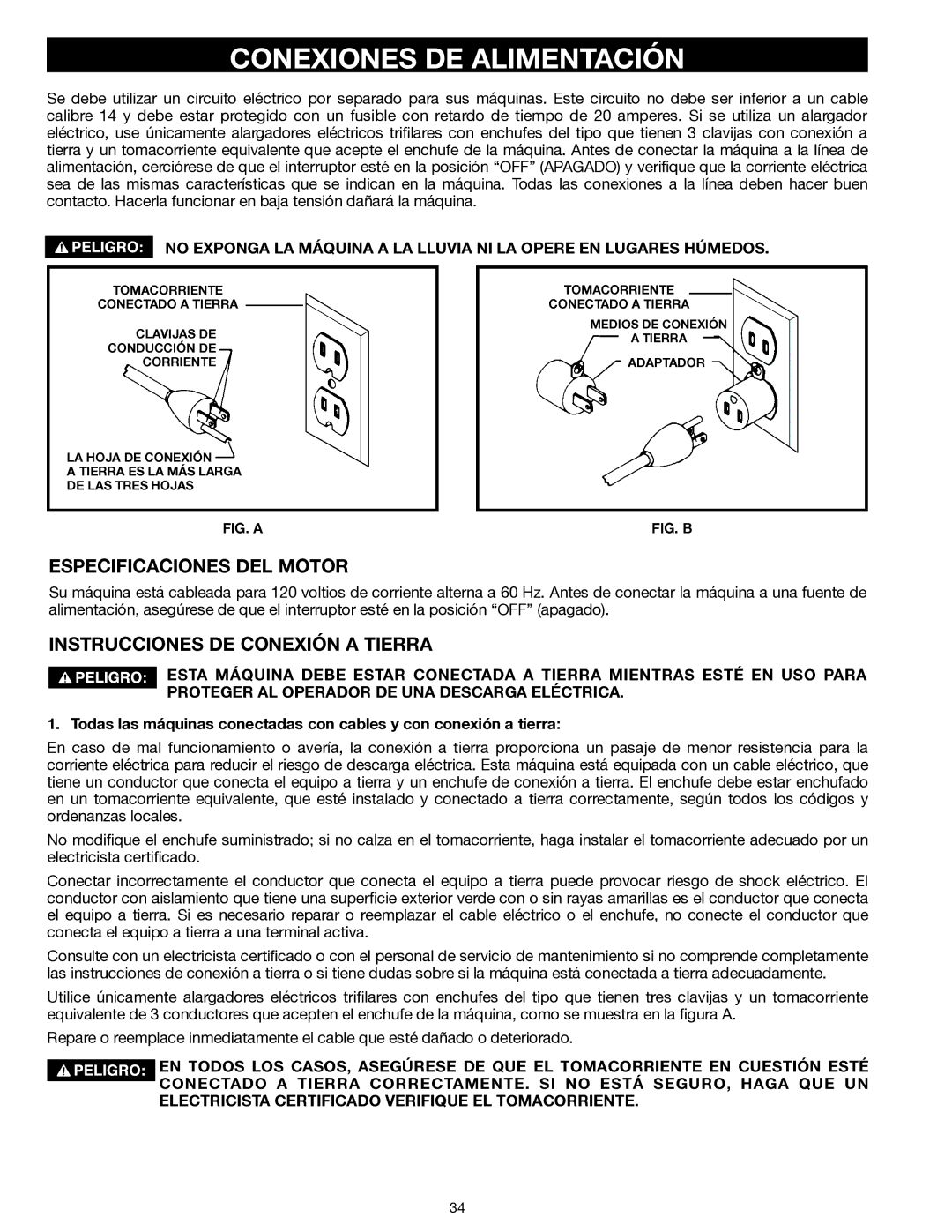 Delta 22-555 instruction manual Conexiones DE Alimentación, Especificaciones DEL Motor, Instrucciones DE Conexión a Tierra 