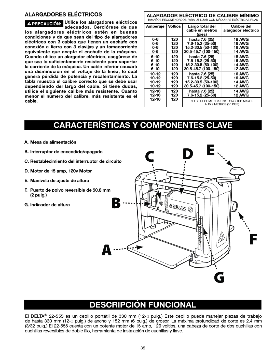 Delta 22-555 Características Y Componentes Clave, Descripción Funcional, Alargadores Eléctricos, Pulg Indicador de altura 