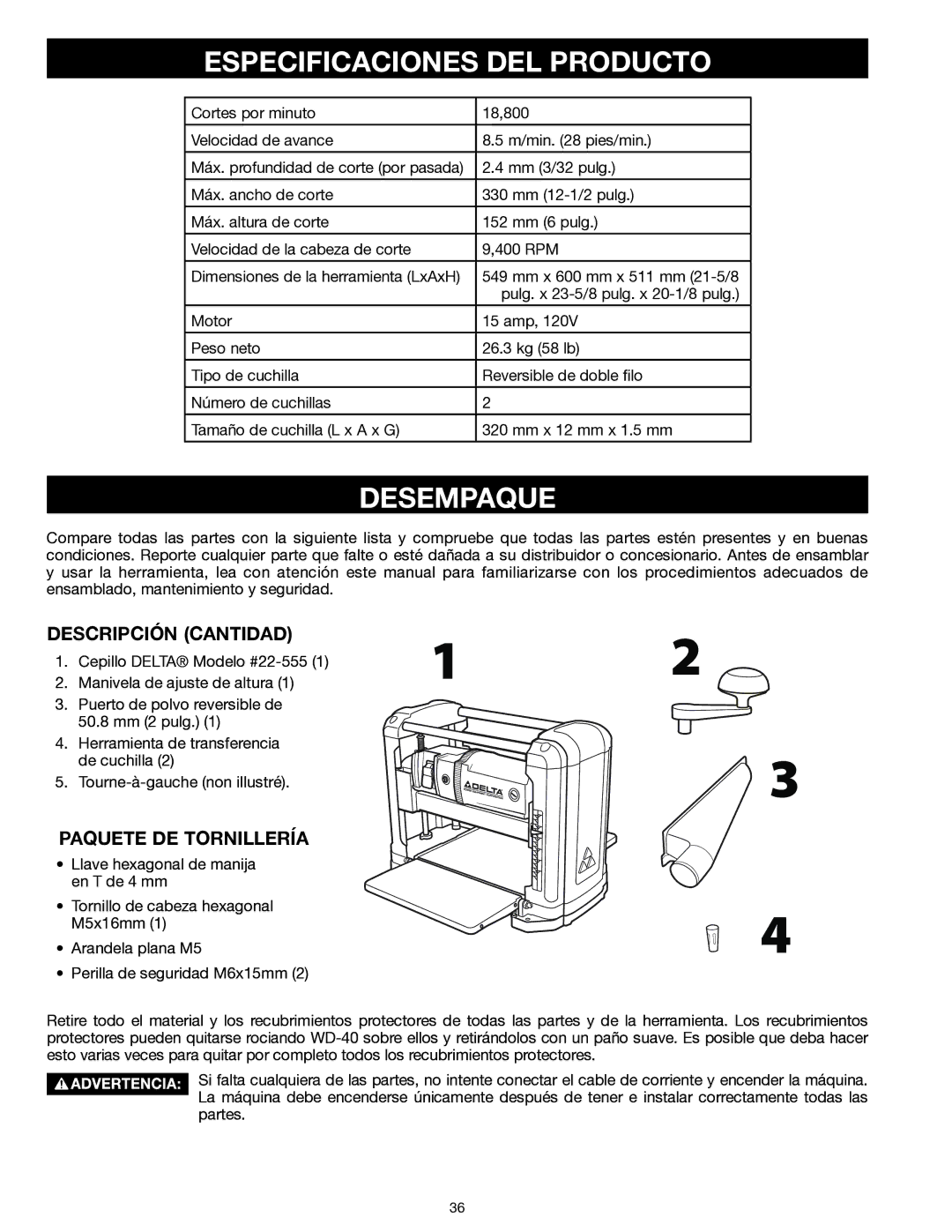 Delta 22-555 instruction manual Especificaciones DEL Producto, Desempaque, Descripción Cantidad, Paquete DE Tornillería 