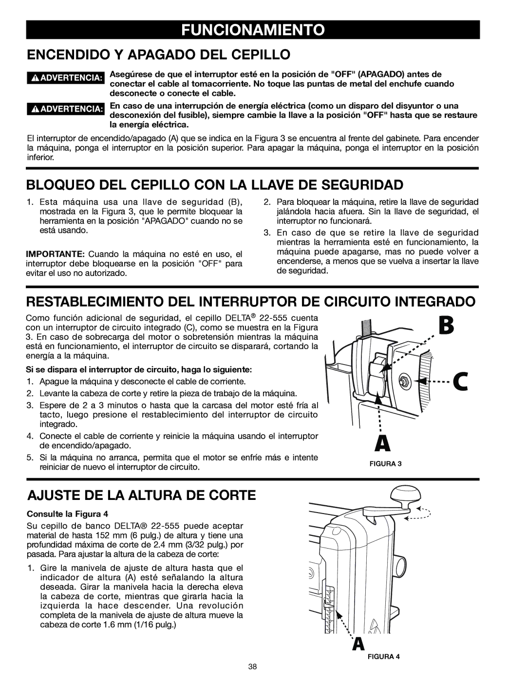 Delta 22-555 Funcionamiento, Encendido Y Apagado DEL Cepillo, Bloqueo DEL Cepillo CON LA Llave DE Seguridad 