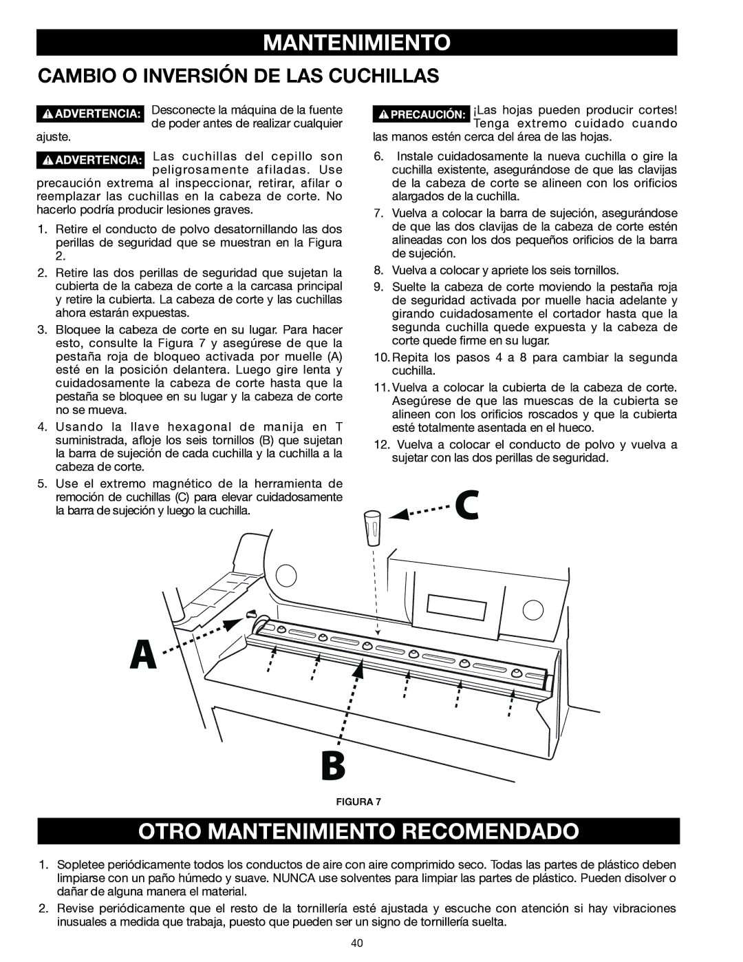 Delta 22-555 instruction manual Otro Mantenimiento Recomendado, Cambio O Inversión DE LAS Cuchillas 