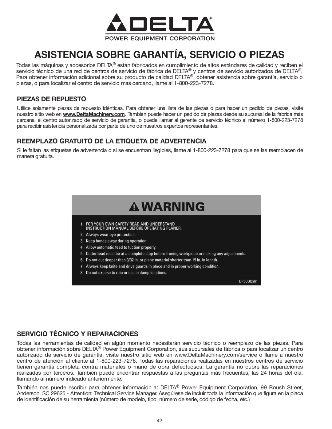 Delta 22-555 instruction manual Asistencia Sobre GARANTÍA, Servicio O Piezas, Servicio Técnico Y Reparaciones 