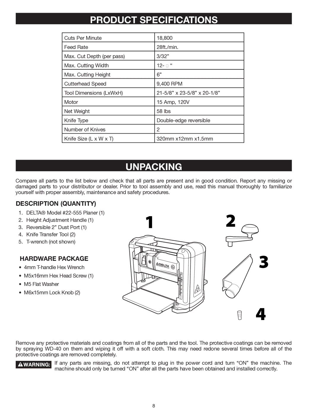 Delta 22-555 instruction manual Product Specifications, Unpacking, Description Quantity, Hardware Package 