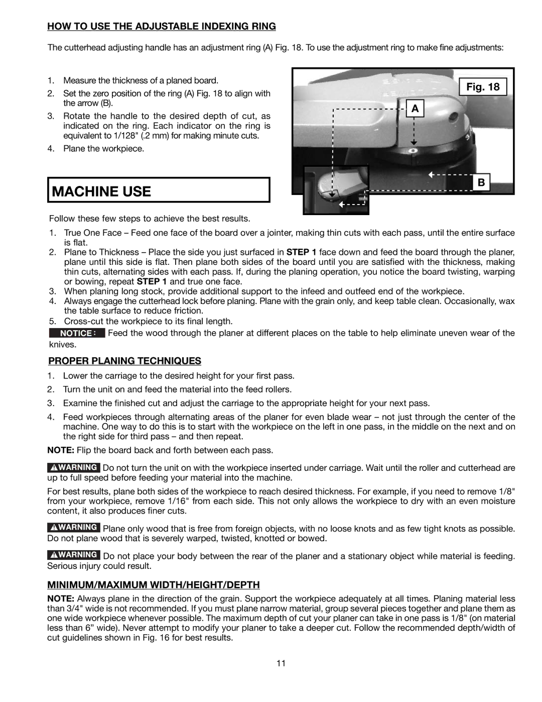 Delta 22-590 HOW to USE the Adjustable Indexing Ring, Proper Planing Techniques, Minimum/Maximum Width/Height/Depth 