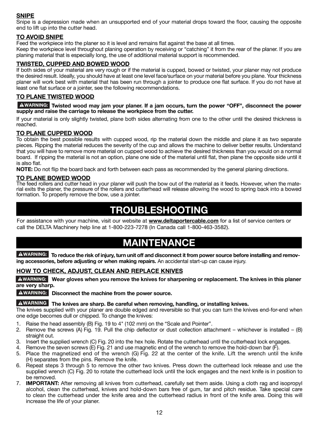 Delta 22-590 instruction manual Troubleshooting Maintenance 